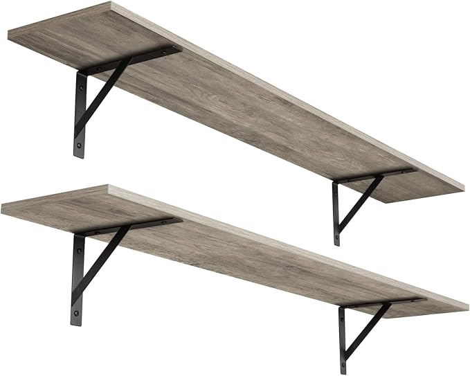 DINZI LVJ Long Wall Shelves, 47.3Inch Wall Mounted Shelves Set of 2, Extra Large Wall Storage Ledges with Sturdy Metal Brackets for Living Room, Bathroom, Bedroom, Kitchen, Grey Wash