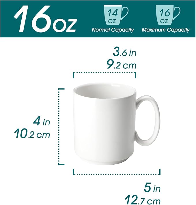 vancasso Porcelain Coffee Mugs Set of 6, 16 oz Coffee Cups for Latte, Cappuccino, Tea & Hot Cocoa, Modern Minimalist Mug Set for Home & Office, Microwave & Dishwasher Safe, White
