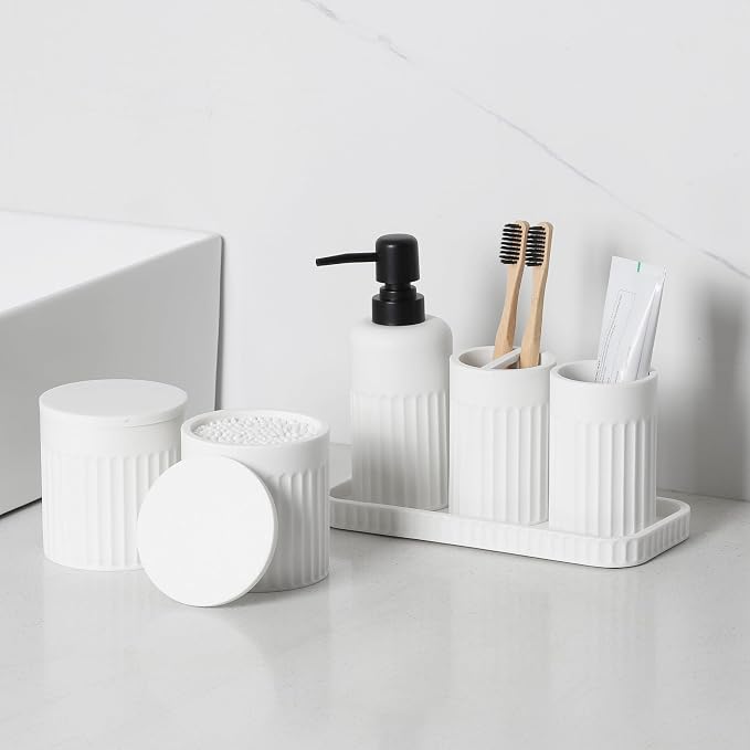 INIUNIK Bathroom Accessory Set - 6 Pieces Bathroom Accessories Set Complete with Soap Dispenser, Toothbrush Holders, Tumbler, Vanity Tray and 2 Qtip Holder for Home Organizer and Decor, White