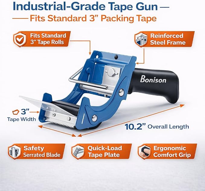 8 Pack Professional 3-Inch Tape Gun Dispenser, Heavy-Duty Packing Tape Dispenser for Shipping Boxes, Quick Reload, Works with Standard & Thick Tape, Ergonomic Handle for Warehouse, Moving & Office
