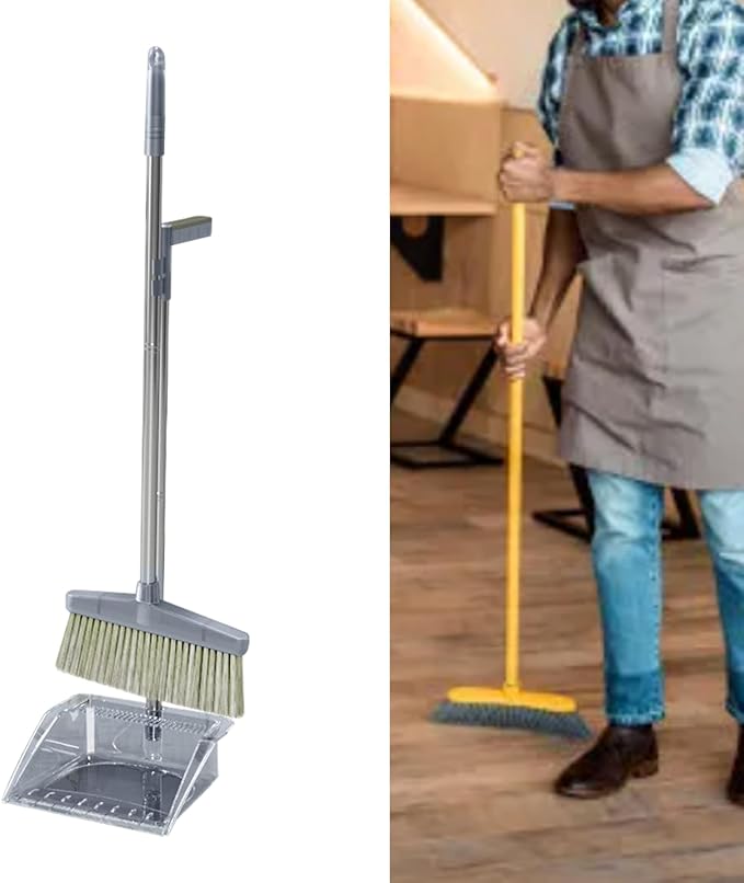 RiToEasysports Broom Dustpan Set Durable Cleaning Tool Large Sweeping Range for Home Bedroom,Stainless Steel Long Handle,PP Plastic Kit (Gray)