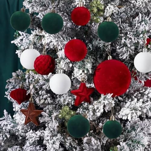 Hollowfly 95 PCS Velvet Christmas Tree Decor Set, Red, Green, Brown, White
