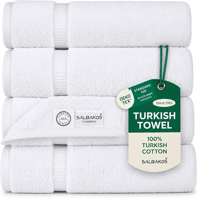 SALBAKOS 4-Piece 100% Turkish Cotton Bath Towels, 27x54 inch, White | Standard Size, 630 Gsm Thick Super Soft Highly Absorbent Quick-Dry Bathroom Towel, Premium Hotel & Spa Quality Made in Turkey