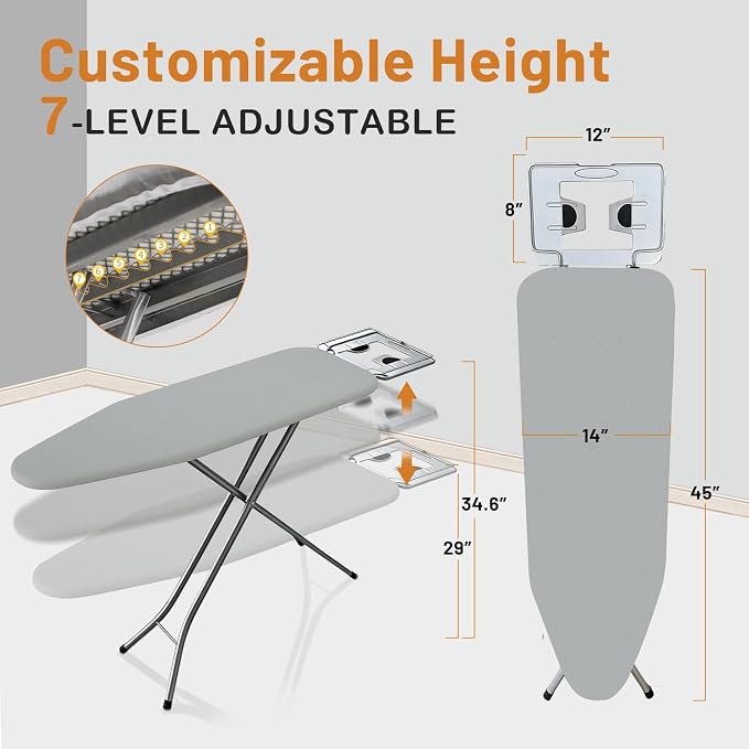 Ironing Board Full Size, 52x14 Inch Iron Board with Steam Rest, Heavy Duty Metal Frame Legs Foldable Ironing Stand, Non-Slip, 7 Height Adjustable, Gray