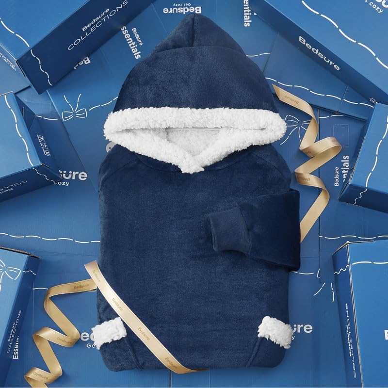 Bedsure Wearable Blanket Hoodie, Cozy Long Hooded Blanket Sweatshirt as Mothers Day Hoodie Gifts for Mom Women, Small, Navy