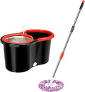 Spin Mop and Bucket Set with 2 Microfiber Mop Heads, Stainless Steel Handle, ABS Bucket, Black and Red Floor Cleaning System for Home, Kitchen and Office Use