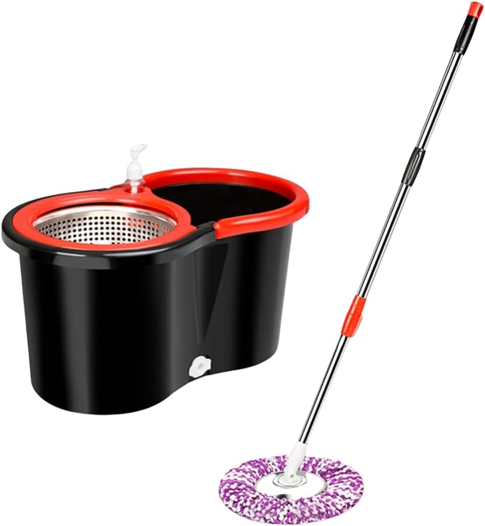 Spin Mop and Bucket Set with 2 Microfiber Mop Heads, Stainless Steel Handle, ABS Bucket, Black and Red Floor Cleaning System for Home, Kitchen and Office Use