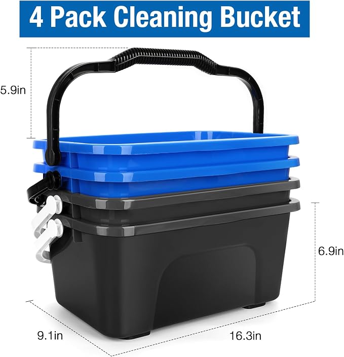 3 Gallon Mop Cleaning Water Bucket with Handle,4 Pack | Compact Square Plastic Bucket for Window Cleaning | Car Washing | Mopping & Household Cleaning Supplies Organizer Wash Bucket