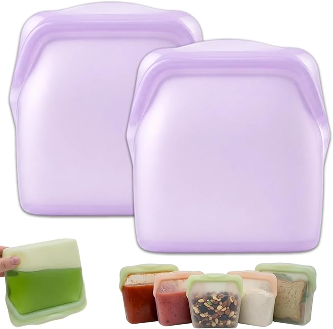 New Generation Silicone Storage, Reusable Silicone Food Storage Bags, Leak-Proof Upright Freezer Bags, Odor-Proof, High-Temperature Resistant, Microwave Dishwasher Safe for Snacks Leftovers (2-Purple)