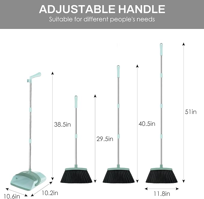 Broom and Dustpan Set for Home, 51-in Long Adjustable Handle Angle Broom and Dustpan Combo Set with Dust Pan Teeth to Clean Hair for Home Kitchen Office Lobby Floor Garden, Green