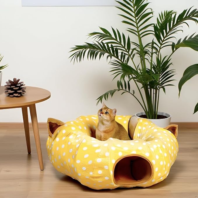 AUOON Cat Donut Tunnel with Bed for Kitten Puppy Rabbit Ferret, Yellow | 2-in-1 Interactive Cat Toy, with Hanging Ball Toy, Machine Washable Center Pad, 36"L x 36"W x 10.7"H
