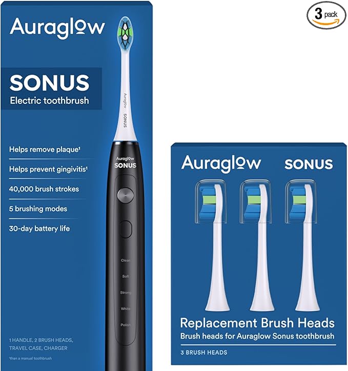 AURAGLOW Sonus Electric Toothbrush & 3-Pack Replacement Brush Heads