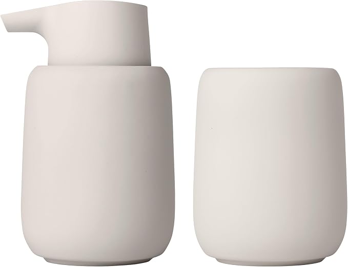 blomus Sono Soap Dispenser 250 ml Ceramic Hand Soap Dispenser in Beige Diameter 8 x 14 H cm Colour Moonbeam Liquid Soap Dispenser with Pump Head