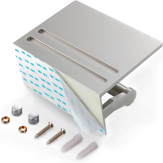 Toilet Paper Holder with Shelf, Aluminum Tissue Roll Holder with Mobile Phone Storage Shelf for Modern Bathroom, 3M Self Adhesive No Drilling or Wall-Mounted with Screws, Brushed Nickel
