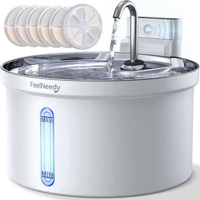 Wireless Cat Water Fountain with Sensor [Water & Battery Separation] FEELNEEDY Smart Pet Water Fountain, 3.5L/118oz 4000mAh Battery Operated Water Fountains for Cats Dogs + 6 Filters
