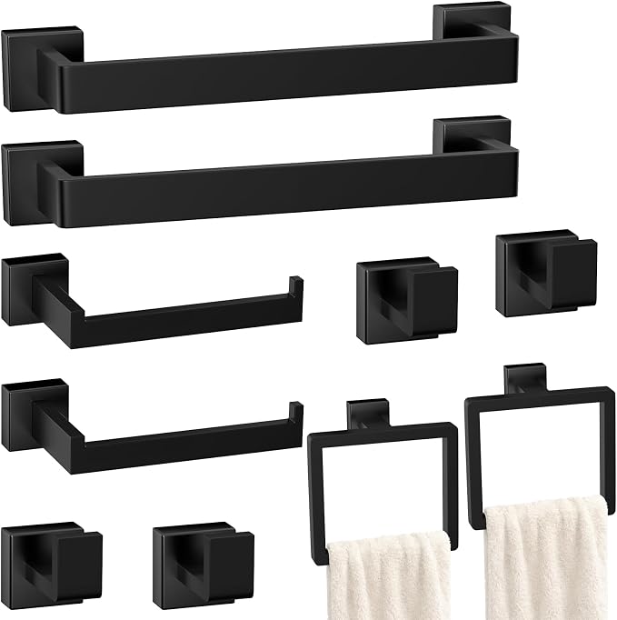 Bathroom Accessories Towel Bar Set: 10 Pieces Matte Black Bathroom Hardware Square SUS304 Stainless Steel - Wall Mounted Towel Rack&Toilet Paper Holder&Towel Ring and Towel Hook