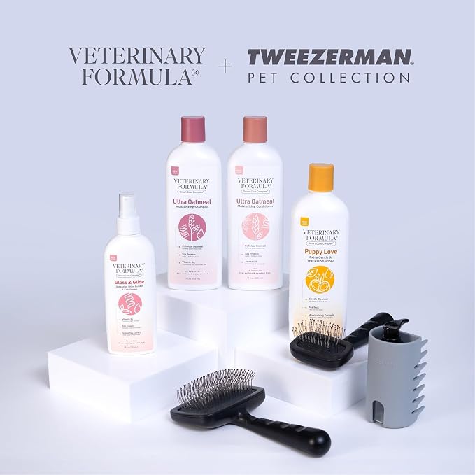 Smooth Coat Care Set by Tweezerman & Veterinary Formula – Gloss & Glide Detangling Spray with Large Slicker Brush for Dogs, Cats, Puppies & Kittens – Tangle-Free Grooming Duo for Medium & Large Breeds