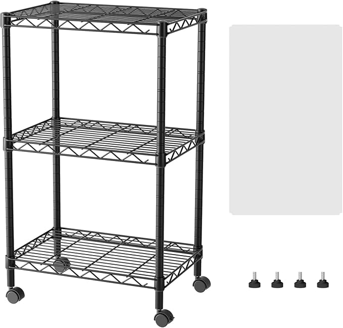 SINGAYE 3 Shelves Storage Shelf Wire Shelving Unit Metal Adjustable Wheels | Small Shelf Storage with Wheels Organizers Closet Unit for Bathroom Laundry Room Kitchen Pantry11.5D x 17.5W x 30.5H Black