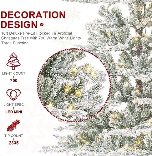 Glitzhome 10ft Prelit Christmas Tree, Artificial Flocked Christmas Tree with 2335 PE&PVC Branch Tips, Deluxe Majestic Frostfall Fir Holiday Tree w/700 Warm White Lights, Three Function, Easy Assembly