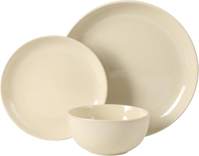 Gibson Home Rockaway 12 Piece Plates and Bowls Matte Outside/Shiny Inside Glaze Service for 4 Dinnerware Set - Assorted Color (Cream, Blue, Beige, Brown) - Dishwasher and Microwave Safe