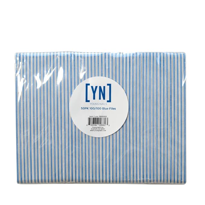 Young Nails Professional Nail File - 100/100 Grit Blue Files, 50 Pack - Double Sided Ergonomic Emery Boards for Natural Acrylic Gel Nails, Perfect for Nail Techs or DIY Nails At Home