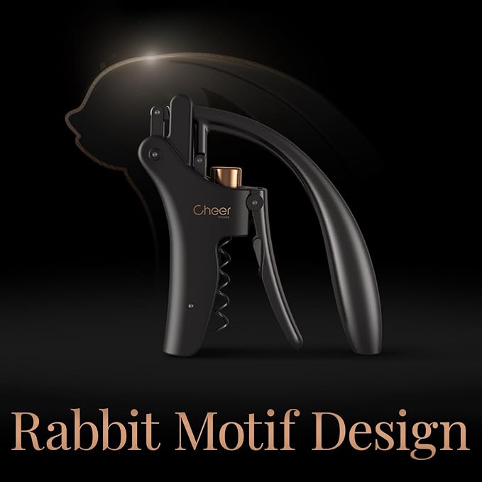 CHEER MODA Professional Manual Lever Wine Opener with Rabbit Motif – French Designer Corkscrew, Ergonomic Stainless Steel Opener + Foil Cutter + Replacement Screw (Matte Black-HK03)