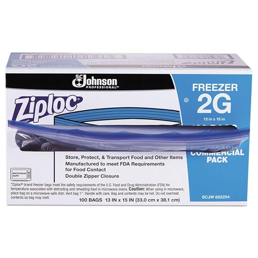 Ziploc 682254 Commercial Resealable Freezer Bag, Zipper, 2gal, 13 x 15 1/2, Clear, 100/Carton