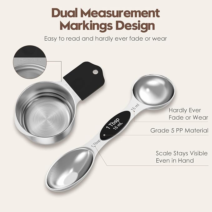 Magnetic Measuring Cups and Spoons Set – 304 Stainless Steel | Dual-sided Design | 15-Piece with Leveler | N52 Space-Saving Magnetic Nesting | Baking & Meal Prep | Kitchen Gift (Black)
