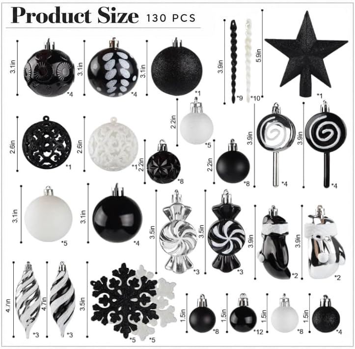 130 Pcs Christmas Ball Ornaments, Christmas Tree Decoration Set Red Christmas Ball Shatterproof Hanging Ornament Decorations for Christmas Tree, Wreaths, and Outdoor Displays (Black)