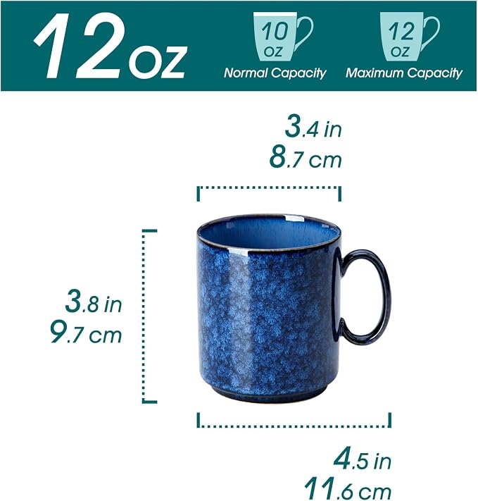 vancasso STARRY Ceramic Coffee Mugs Set of 6, 12 Oz Coffee Cups for Latte, Cappuccino, Tea & Hot Cocoa, Artisan Modern Style for Coffee Bar, Home & Kitchen, Microwave & Dishwasher Safe, Blue