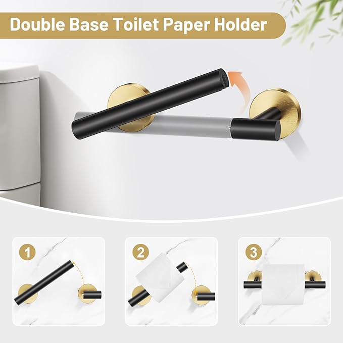 Black Gold Bathroom Hardware Set, 4-Piece Towel Holder Set Include Double Bases Toilet Paper Holder,Towel Ring and 2 Towel Hooks Stainless Steel Wall Mounted Bathroom Hardware Accessories Set