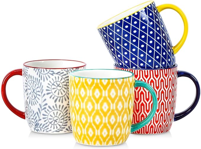 Selamica 10 OZ Coffee Mugs Set of 4, Small Coffee Cups Ceramic with Handle for Cappuccino Latte Cocoa Milk Tea, Dishwasher Microwave Safe, Assorted Colors