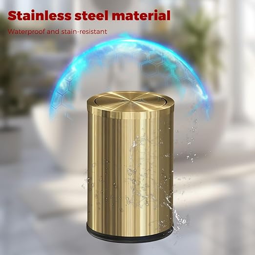 9L/2.4Gal Gold Trash Can,Brass Bathroom Garbae Can with Flipping Lid,Small Brass Garbage Can for Office, Laundry Room,Bedroom,Hotel
