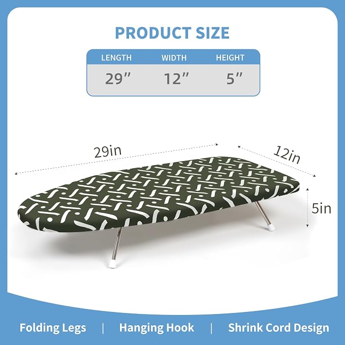 Tabletop Ironing Board 12"x29" – Compact Portable Ironing Board with Thick Felt Padding, Heat Resistant Cover, Stainless Steel Legs, Space-Saving Design