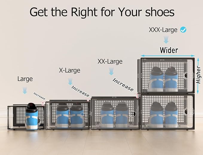 Kuject XXX-Large Shoe Storage Boxes Organizers Clear Plastic Stackable 12 Pack, Shoe Rack & Holder Substitute, Sneaker Containers, Toy Storage Organizer Bins for,Closet, Under Bed, Black(No Fold Line)