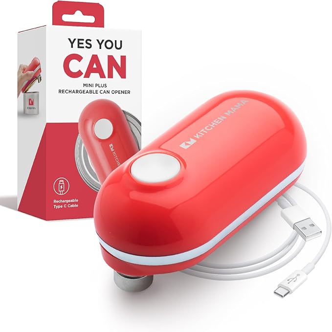 Kitchen Mama Mini Plus Rechargeable Electric Can Opener, Red | USB-C Charging, Hands-Free Auto Stop, Cordless Smooth Edge, Compact for Travel, Perfect for Seniors with Arthritis