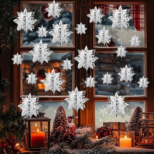 Snowflake Decorations, Paper Christmas Hanging Decor Indoor, Silver, 24-Pc