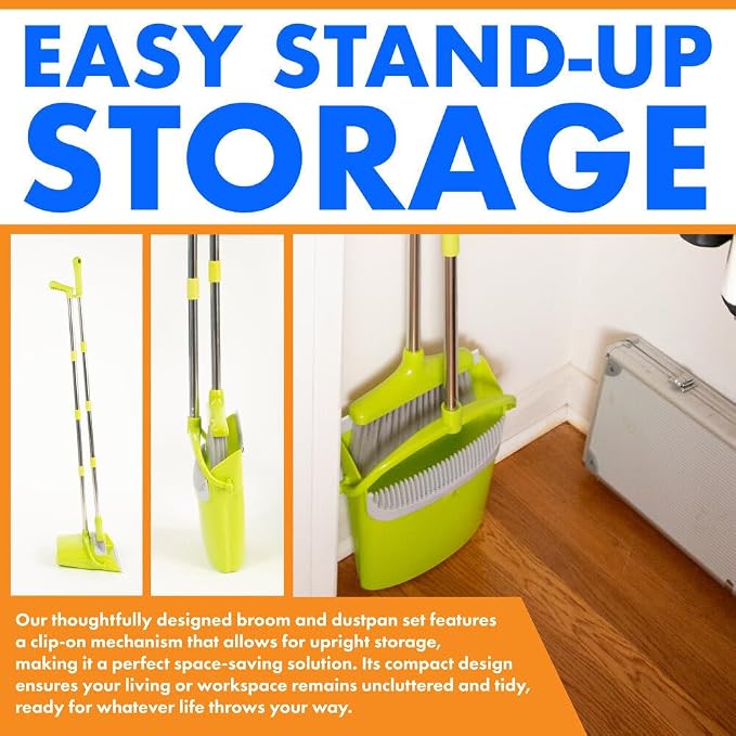 Hub City Industry Heavy Duty Broom and Dustpan Combo Set with Commercial Long Handle for Lobby, Home, Office, Cleaning Supplies, Upright Grips Sweep Set with Broom for Floor Cleaning, Green