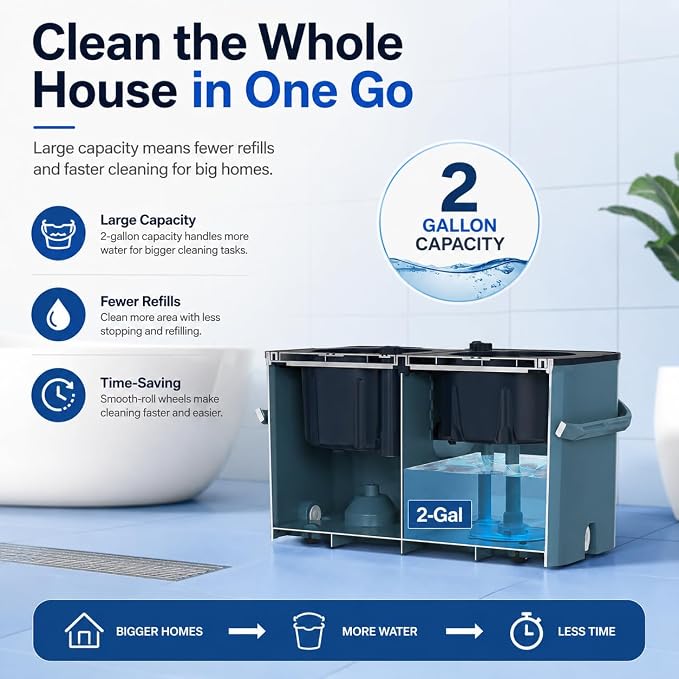 Gen 1 Large-Capacity Spin Mop and Bucket – for Big Homes & Deep Cleaning Days,4-Chamber System Separates Dirty & Clean Water, 2-GAL Heavy-Duty Design with Wheels & 8 Refill Mop Heads - Blue/Grey