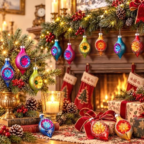12pcs 4.1'' Vintage Christmas Glass Tree Ornament with Reflector, Oval