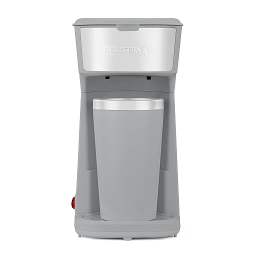 Holstein Housewares Personal Coffee Maker with 14oz Travel Mug – Compact One-Touch Brew Machine with Reusable Filter, Auto Shut-Off, Non-Stick Plate, Ideal for Home, Office, or Dorm. Grey