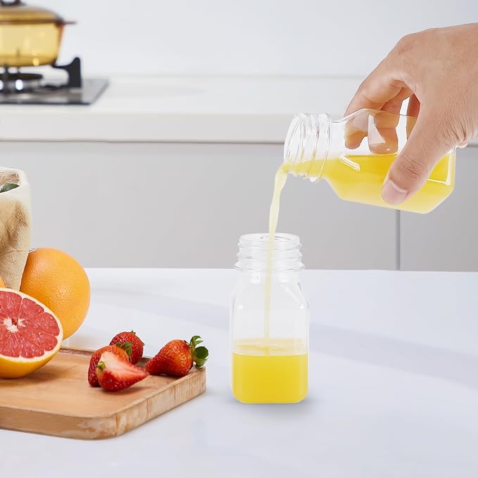 OBKJJ Plastic Juice Bottles 150 pcs 4 oz Empty Plastic Water Bottles with Caps Reusable Clear Beverage Containers for Drinking, Juicing, Smoothie, Water with 2 Brushes, 2 Funnels, 160 Stickers (4 OZ)