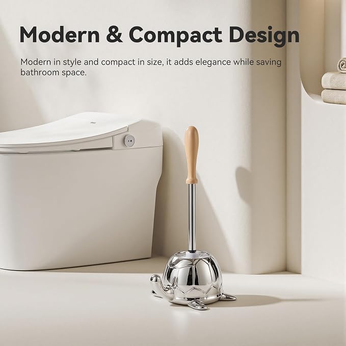 Toilet Brush and Holder Set, Ceramic Turtle Base Toilet Brush Set - 7.5” Bowl Cleaner, Toilet Scrubber Brush with Ergonomic Handle (Silver)