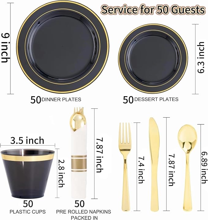 350 Pieces Black and Gold Plastic Plates with Disposable Silverware, Include 50 Dinner Plates 9”, 50 Dessert Plates 6.3”, 50 Black Cups 9 OZ, 50 Pre Rolled Napkins for New Year (Pack of 2)