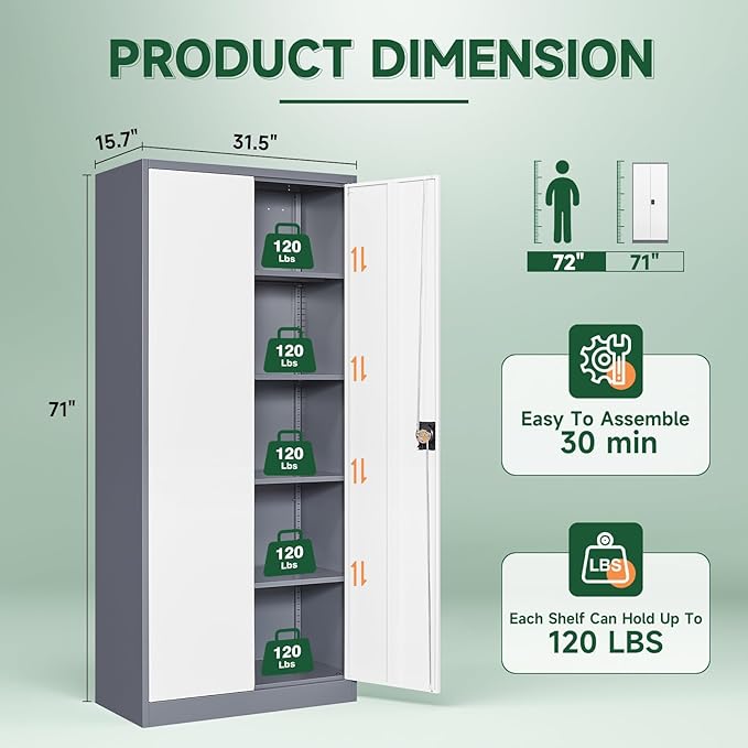 Metal Garage Storage Cabinets with Lock Door and Adjustable Shelves, Steel Tool Cabinets for Home,Office,Warehouse Organisieren (Gery White, 71" H)