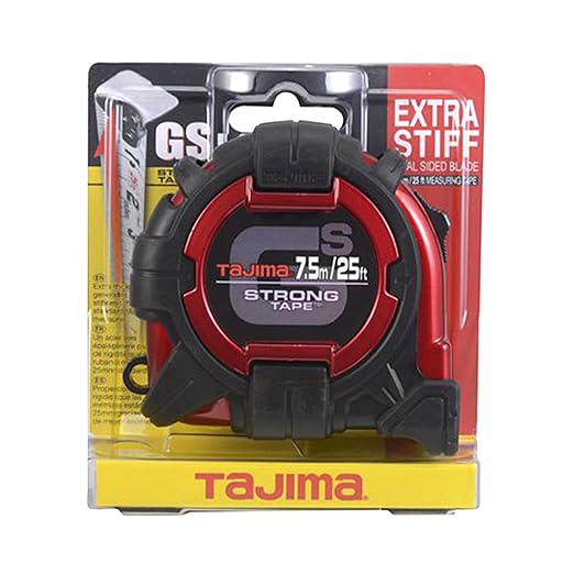 TAJIMA Tape Measure - 25 ft / 7.5 m x 1-1/16 inch GS-Lock Measuring Tape with Dual Metric/Standard Scale & Acrylic Coated Blade - GS-25/7.5MBW