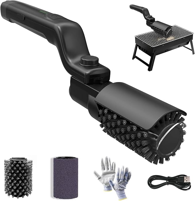 Electric Grill Brush, High Torque Grill Brush with Rechargeable 3-Speed Modes, 180° Adjustable Stainless Steel Replaceable Brush Head, Fit for Outdoor Camping and Barbecuing