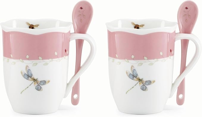 Lenox 897803 Butterfly Meadow Color Mugs With Spoons, Set Of 2, Pink