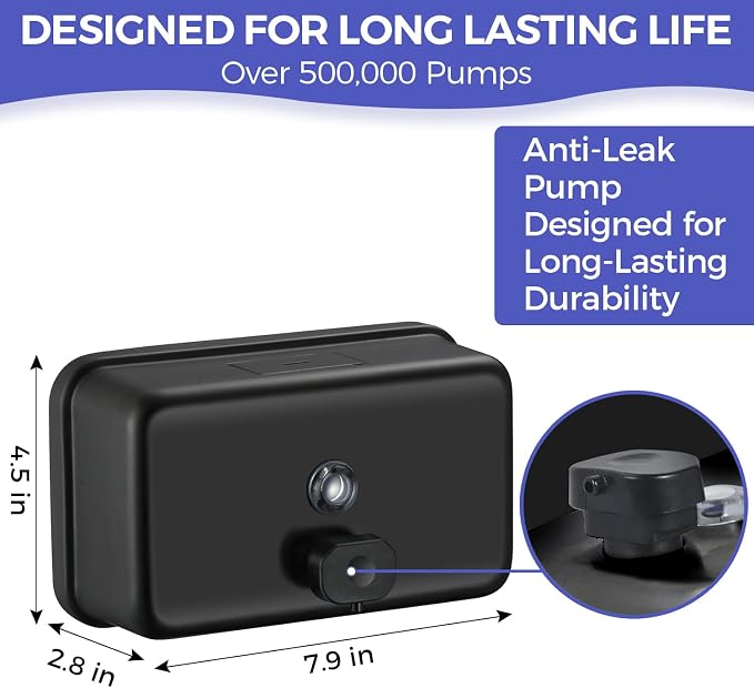 Stardrix Matte Black Stainless Steel Horizontal 1100ml/37oz Capacity Commercial-Grade Soap Dispenser, Wall-Mounted Bathroom Hand Soap Dispenser with Corrosion-Proof Lining and Anti-Leak Pump