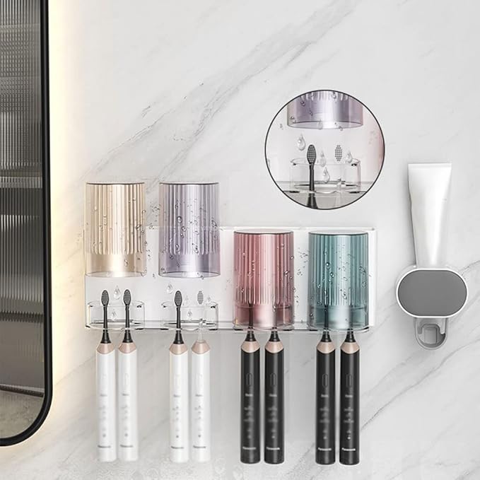 Toothbrush Rack 2PCS Wall Mounted Toothbrush Holder Storage Rack with Mouthwash Cup Automatic Toothpaste Dispenser Squeeze Kit Bathroom Toothbrush Holder(C)